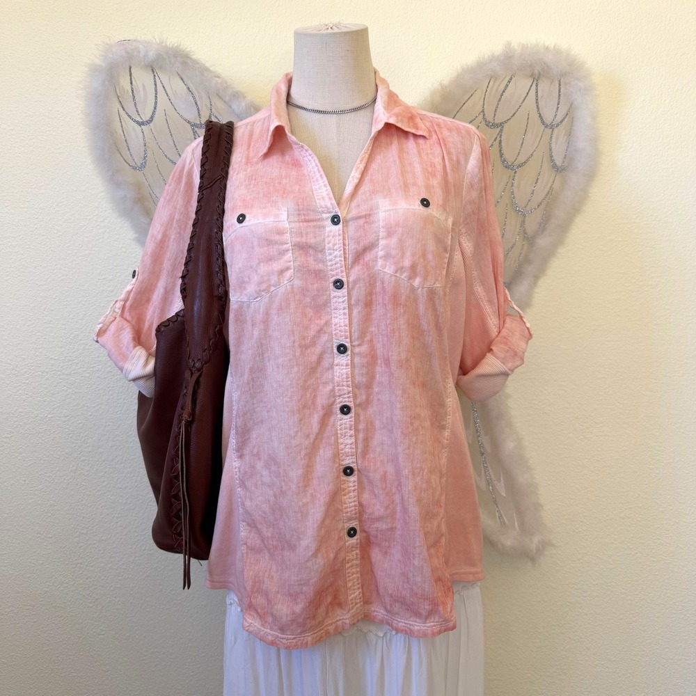Granola Girl Cottagecore Button Up Shirt Roll Tab Sleeve Relaxed Indie Colorful